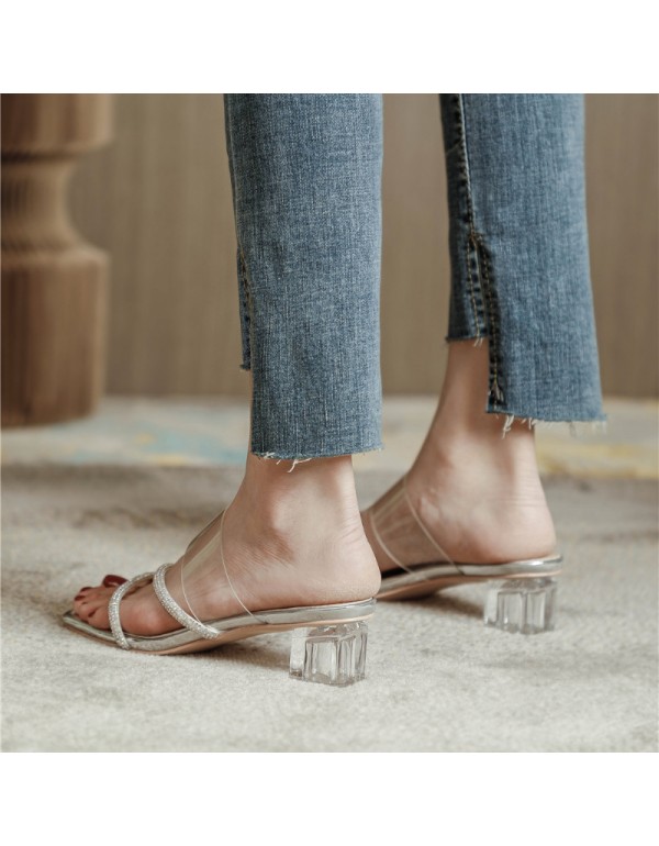 Fairy line with transparent Rhinestone sandals 2022 summer new style square head sandals women's shoes metal mirror high heels