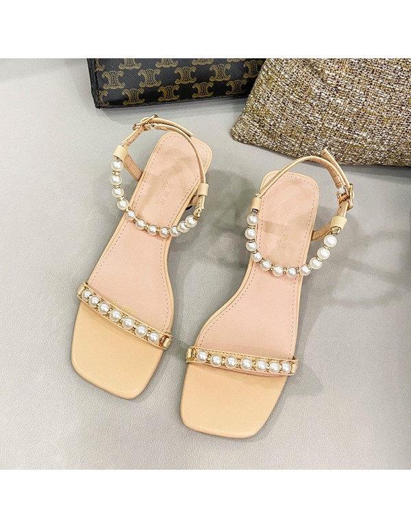 Korean pearl one line belt sandals 2022 summer new style square head open toe women's shoes net Red Fairy style thick heel sandals