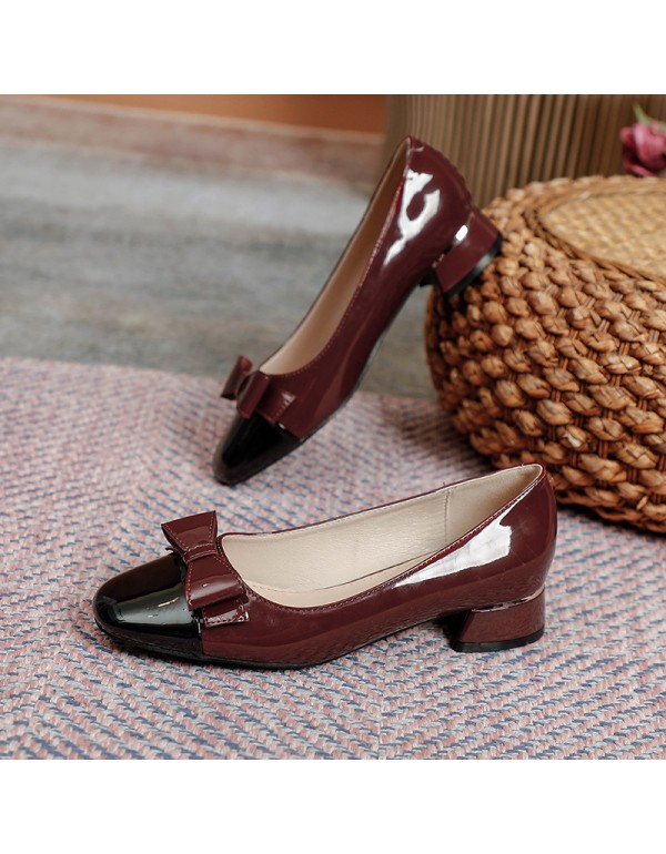 New style square bow high-heeled single shoes women's Korean temperament thick heeled high-heeled shoes color matching commuter work women's shoes 