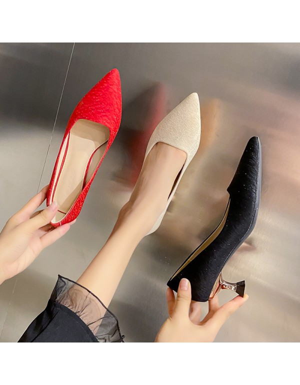 Korean version pointed toe low heel shoes women's 2022 early autumn new wine glass heel high heels shallow mouth red wedding shoes single shoes