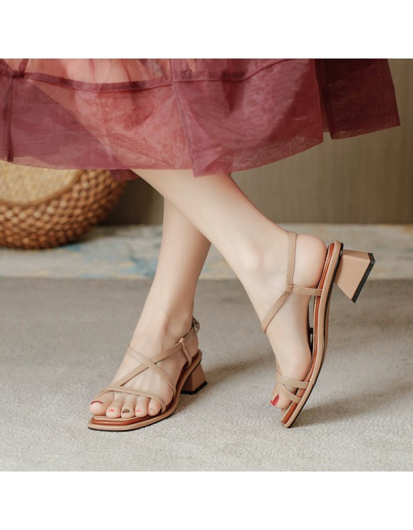 2021 new flat belt square head thick heel sandals back empty buckle high-heeled sandals women's cross strap open toe women's shoes 