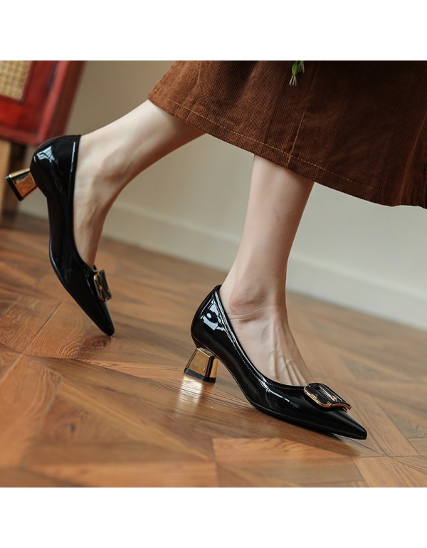 568-7 patent leather high heels women's thick heels 2022 spring new metal buckle single shoes sheepskin ol fashion work shoes 