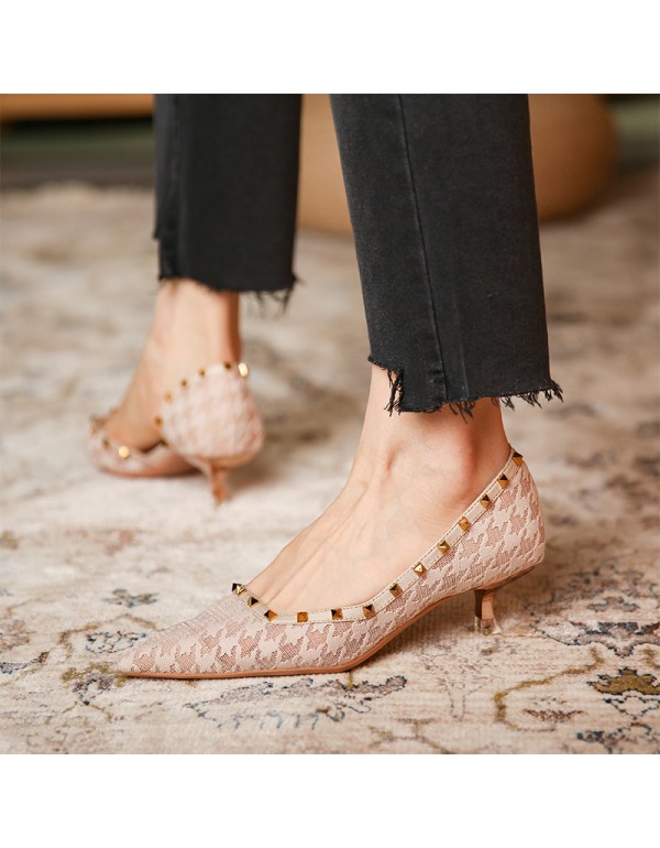 339-12 thousand bird lattice gauze high heels women's pointed thin heels middle heel rivet single shoes shallow mouth retro style spring 2021 