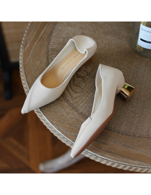 568-16 solid color sewing high heels women's thick heel pointed shallow mouth single shoe French commuter professional work shoes heel stepping 