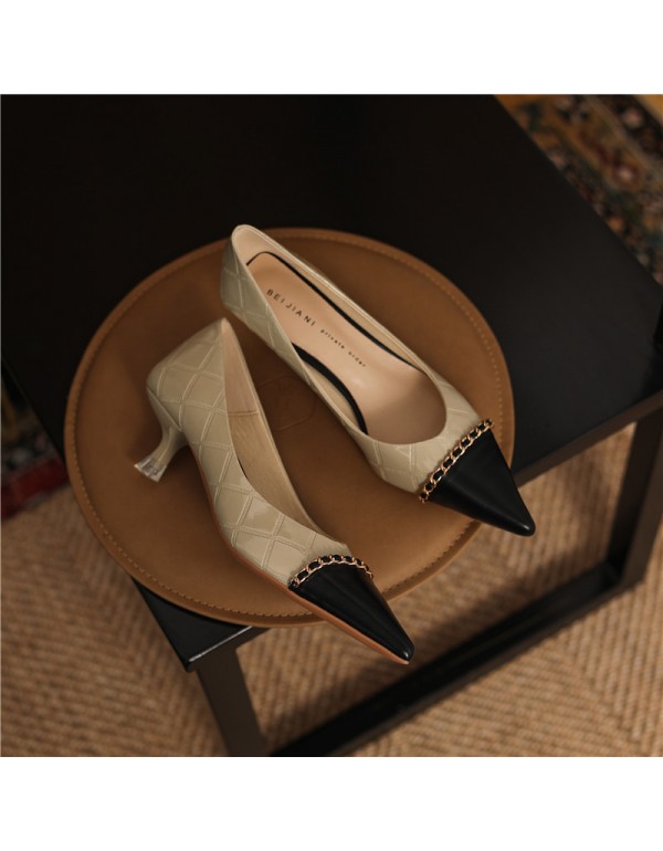 336-1 sheepskin small fragrance color matching pointed high heels women's thin heels shallow mouth celebrities elegant single shoes French Retro 