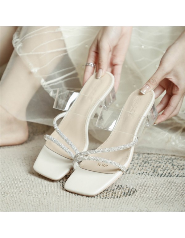 Fairy line with transparent Rhinestone sandals 2022 summer new style square head sandals women's shoes metal mirror high heels