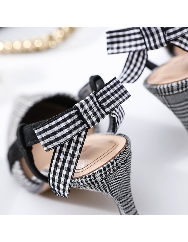 2022 summer new style small pointed lattice fashion high-heeled sandals bow women's sandals versatile almond shoes women's sandals