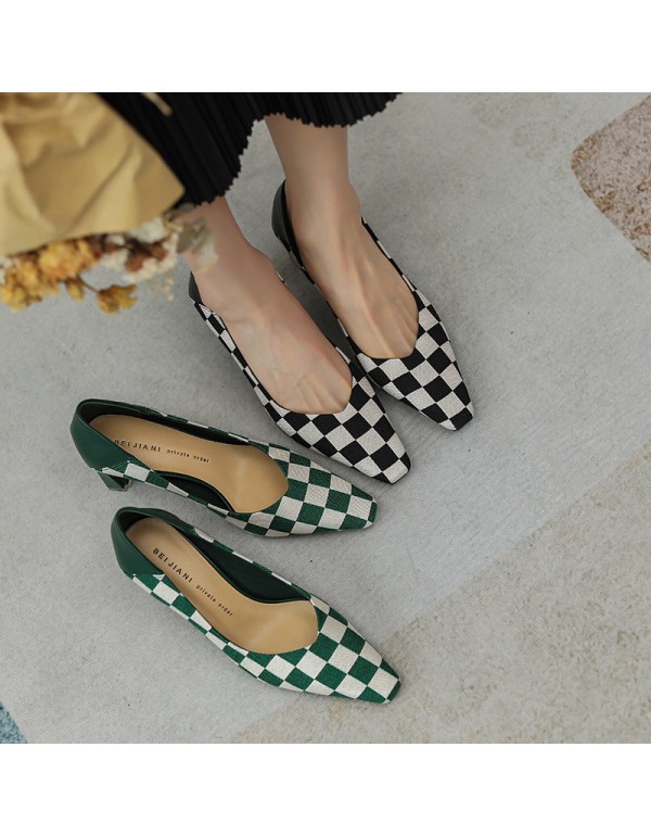 288-2 lattice color matching retro sheepskin high heels women's small square head thick heel shoes niche design high sense 