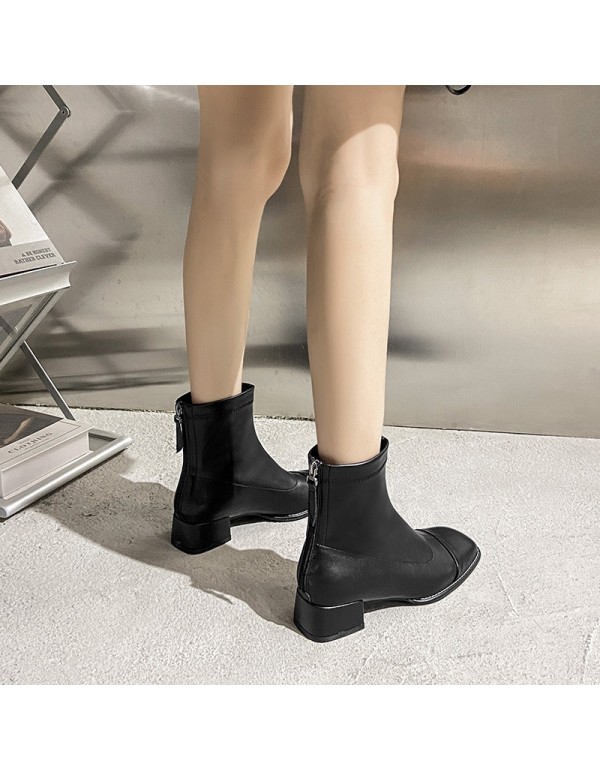 Korean retro square head thick heel fashion boots 2021 autumn and winter new boots children's net red back zipper thin short boots women