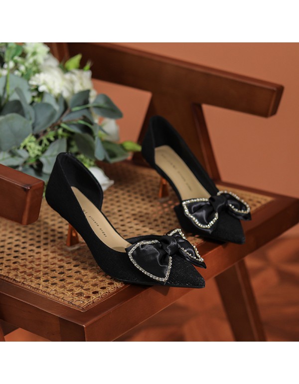 275-5 Rhinestone bow pointed high heels women's wedding shoes wedding show Wo shoes fairy temperament silk single shoes 