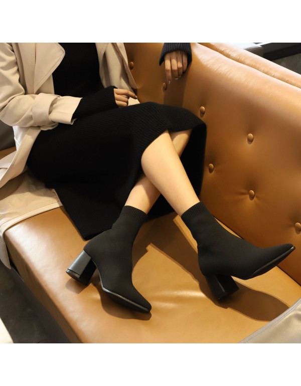 2022 new fashion thick heel pointed fashion socks boots fashion women's shoes high heels casual women's flying woven short boots