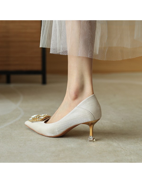 998-6 Rhinestone square buckle high heels women's pointed thin heels shallow mouth temperament single shoes sheepskin wedding shoes Bridesmaid shoes heel stepping 