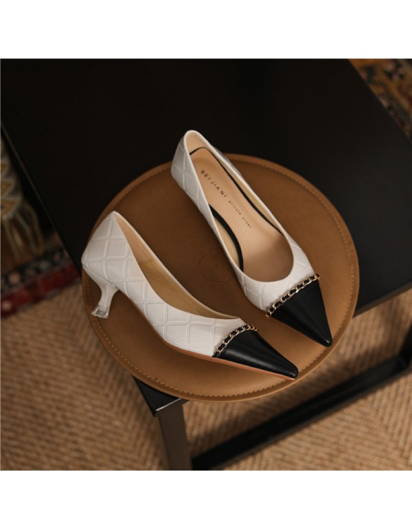 336-1 sheepskin small fragrance color matching pointed high heels women's thin heels shallow mouth celebrities elegant single shoes French Retro 