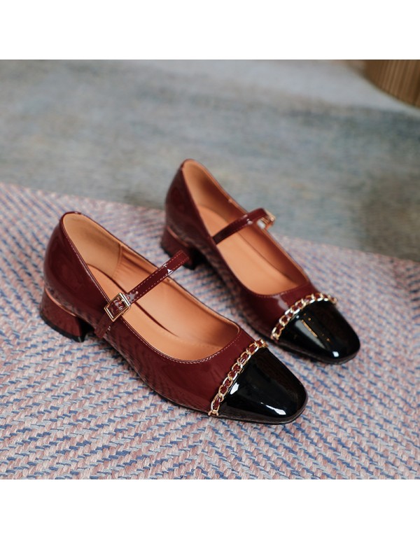 2021 new metal chain square head small leather shoes women's flat belt buckle thick heel single shoes Retro High Heels Mary Jane shoes 