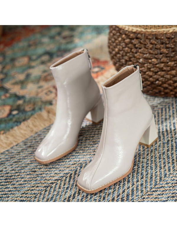 Korean version square head back zipper high-heeled boots children's new autumn and winter 2021 simple thick heeled boots with plush medium tube women's Boots