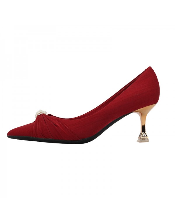 998-12 Satin high heels spring new sheepskin French pearl pointed shallow mouth wedding shoes Bridesmaid shoes single shoes 