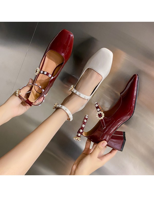 Vintage wine red pearl flower Mary Jane shoes new one line belt thick heel shoes women's pearl belt high heels 