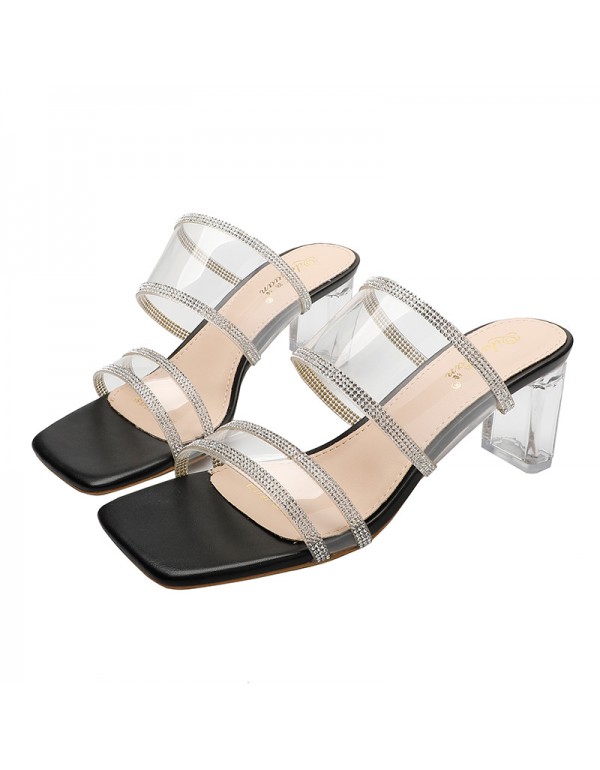 Summer new transparent belt sandals 2022 Korean casual high heels women's square toe shoes with crystal heels