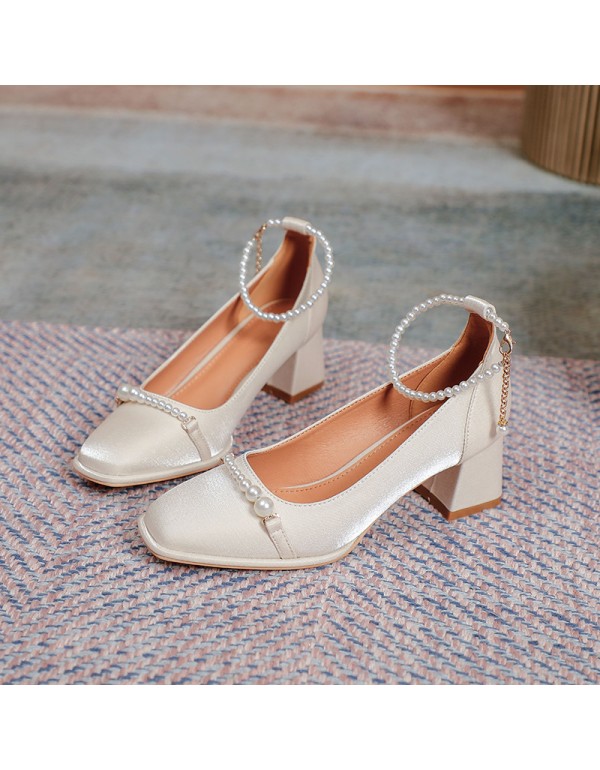2022 New Vintage pearl thick heel single shoes wom...