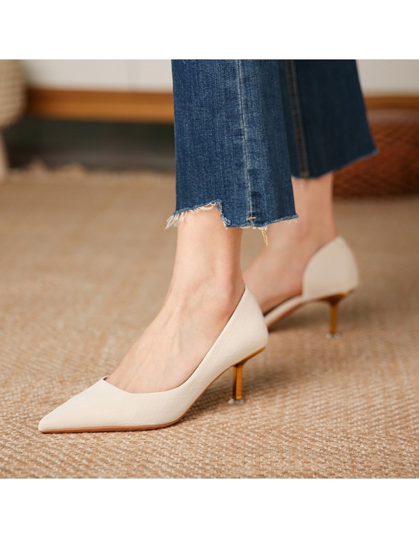 175-19 Satin cracked middle heel side empty small high heels pointed shallow mouth temperament single shoes women's thin heel wedding shoes 