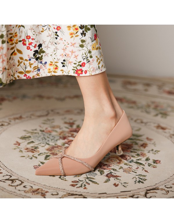 338-19 Korean version cross Rhinestone high heels women's silk satin pointed shallow mouth thin heel middle heel Rhinestone single shoes 2021 spring 
