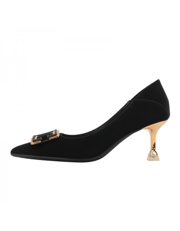 998-3 net red French girls' soft leather high heels thin heels pointed temperament buckle work single shoes two wear heel