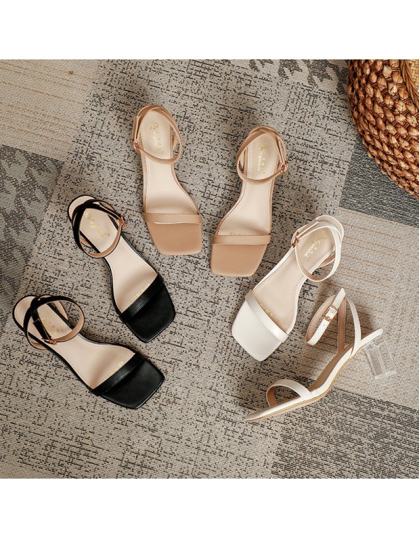 2022 new women's square head sandals summer flat belt buckle thick heel high heels Korean fairy style shoes