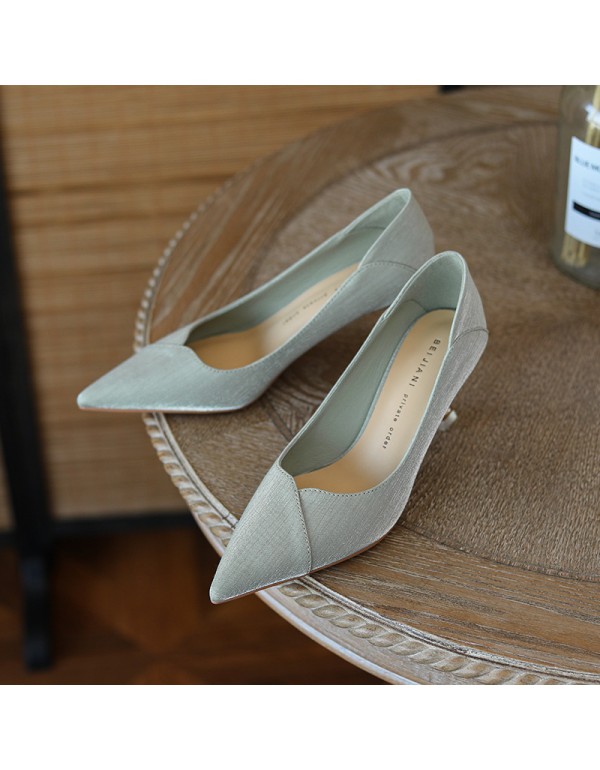 998-16 diagonal sewing silk satin high heels women's pointed thin heel single shoes solid color professional work shoes heel stepping 