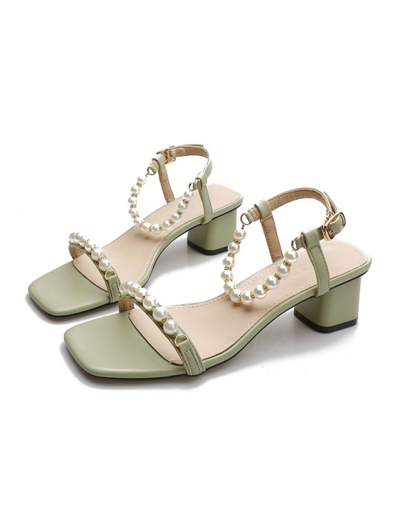 Korean pearl one line belt sandals 2022 summer new style square head open toe women's shoes net Red Fairy style thick heel sandals