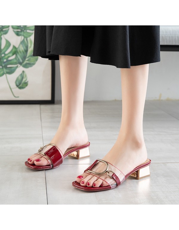 Summer new transparent one line sandals with square head and thick heels wear sandals outside, Korean fairy net red lady slippers 