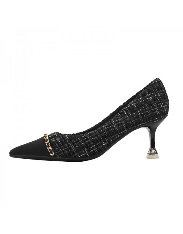 998-2 xiaoxiangfeng sheepskin gold chain pointed shallow mouth high-heeled shoes tweed thin heel temperament single shoes 2022 spring 