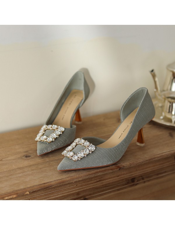 275-3 thin heel single shoes with skirt women's pointed shallow mouth high heels wedding shoes Bridesmaid shoes Rhinestone square buckle side space 