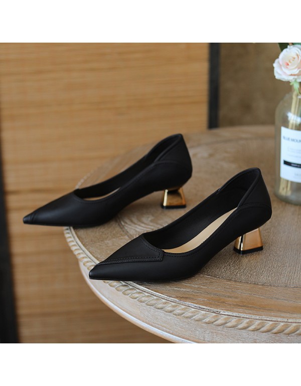 568-16 solid color sewing high heels women's thick heel pointed shallow mouth single shoe French commuter professional work shoes heel stepping 