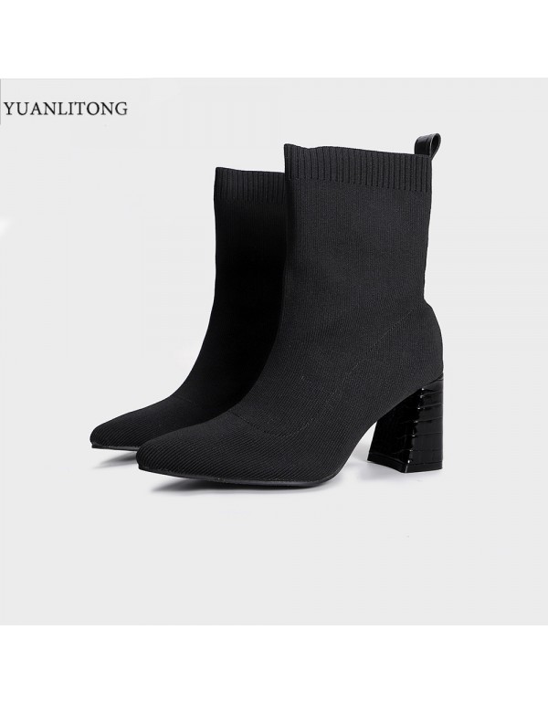 2022 new net red thin pointed thick heel elastic Boots Black Satin socks boots thin boots high heels women's Boots