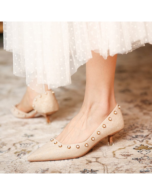 339-21 Sequin cloth pearl decorative high heels women's pointed thin heels breathable middle heel single shoes fairy style with skirt 