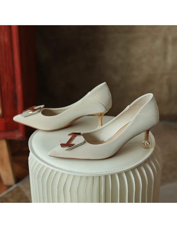 998-5 Korean style high heels women's pointed shallow mouth 2022 spring new square buckle single shoes soft sheepskin heel 