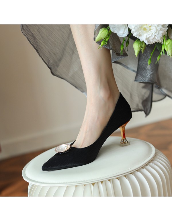 998-10 sheepskin pearl shell high heels women's pointed thin heels 2022 spring hard and versatile, two can step on heels 