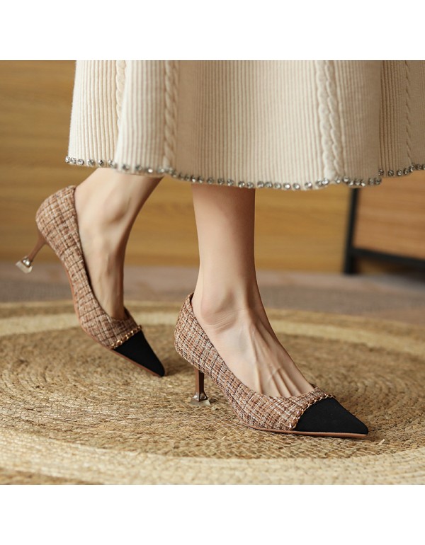 998-2 xiaoxiangfeng sheepskin gold chain pointed shallow mouth high-heeled shoes tweed thin heel temperament single shoes 2022 spring 