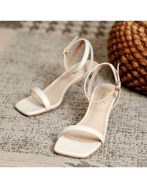 2022 new women's square head sandals summer flat belt buckle thick heel high heels Korean fairy style shoes