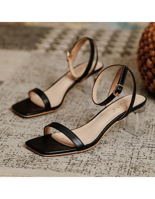 2022 new women's square head sandals summer flat belt buckle thick heel high heels Korean fairy style shoes