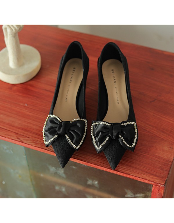 568-15 Rhinestone bow high heels women's pointed thick heel single shoes wedding shoes Bridesmaid shoes Xiuhe shoes sheepskin heel 