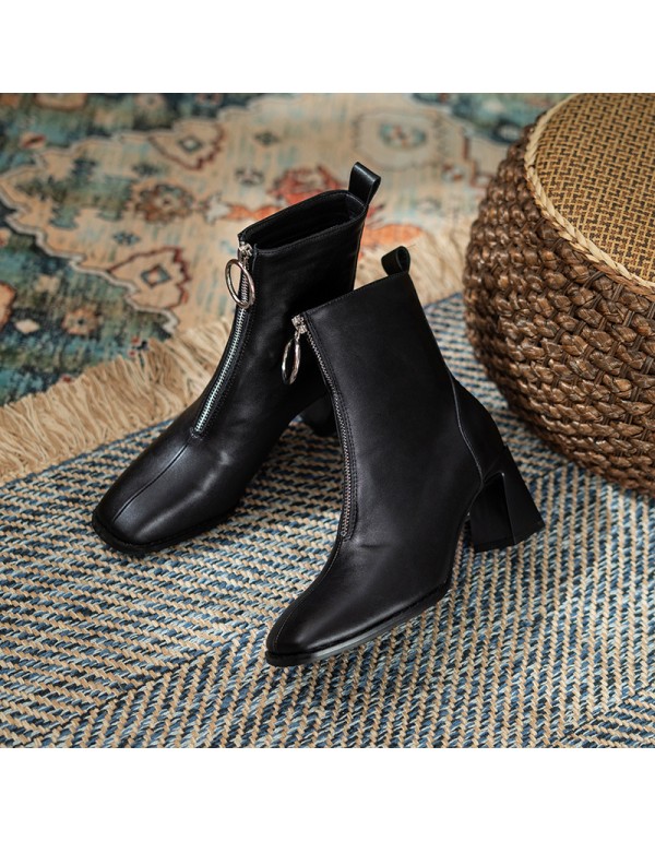 2021 new autumn and winter square head front zipper boots Korean thick heel zipper middle tube boots women's Plush high-heeled women's Boots