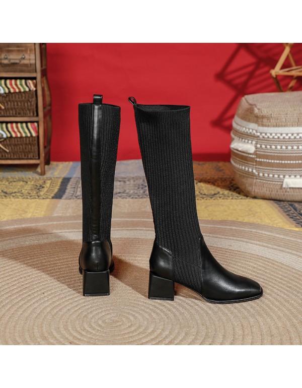Long boots women's 2021 autumn new British style elastic thin boots retro square head thick heel less than knee women's Boots