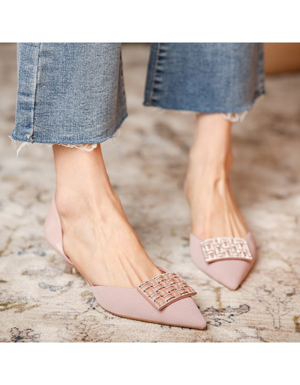 778-3 Korean chic square button high heels women's pointed thin heel single shoes hollow out new in spring 2021 