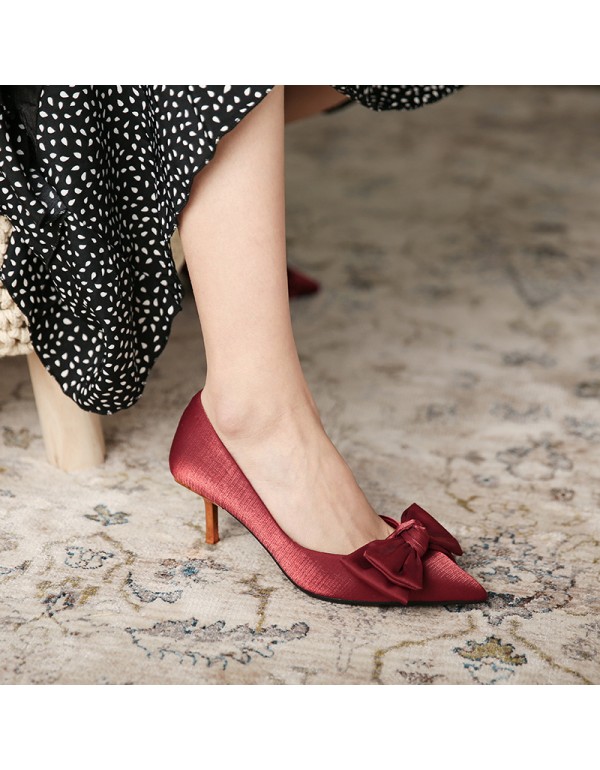 175-21 net red high heels women's spring silk satin red wedding shoes pointed thin heel bow shallow mouth single shoes 