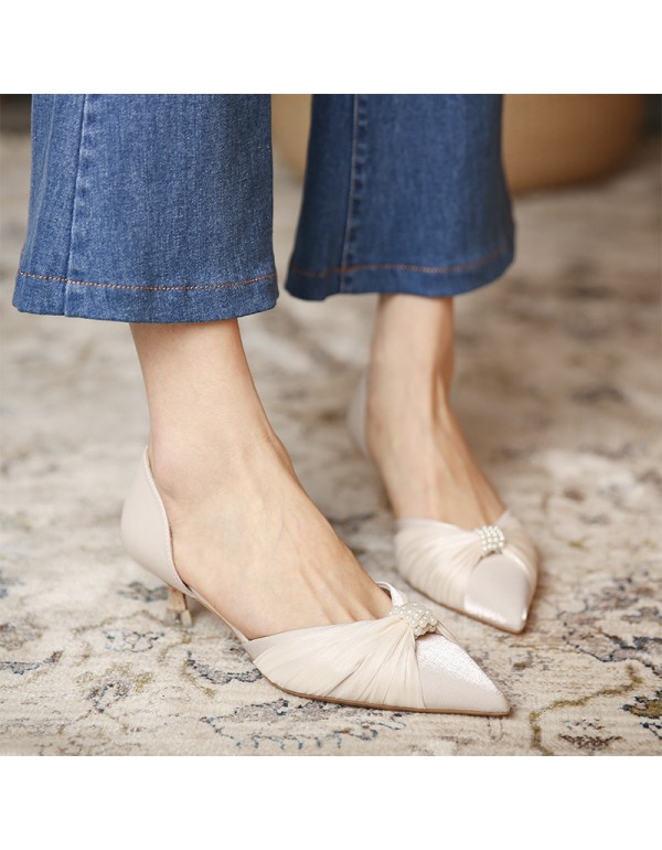 778-2 Korean chic celebrity high heels women's pointed thin heels middle heel single shoes Rhinestone Buckle decoration 2021 new style 
