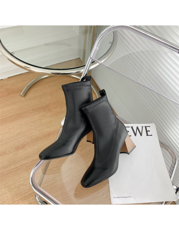 2021 new Korean version square toe short boots women's style wood grain heel cover high heels children's simple medium tube women's Boots