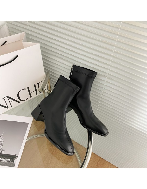 2021 new ins style square head thick heel short boots Korean thin boots zipper high heels women's boots middle heel short boots