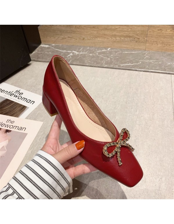 Korean version Rhinestone bow high heels women's 2022 spring and summer new style square head single shoes women's simple thick heel shoes