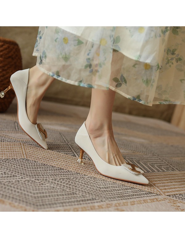 998-5 Korean style high heels women's pointed shallow mouth 2022 spring new square buckle single shoes soft sheepskin heel 